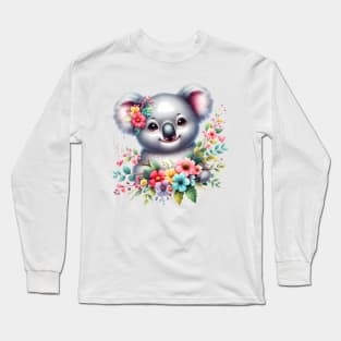 A baby koala bear decorated with beautiful colorful flowers. Long Sleeve T-Shirt